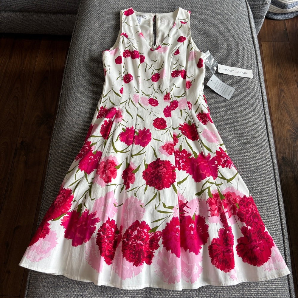 Maggy London White & Pink Floral Fit & Flare Dress w/ Pockets Sz 2 🌸 NWT
